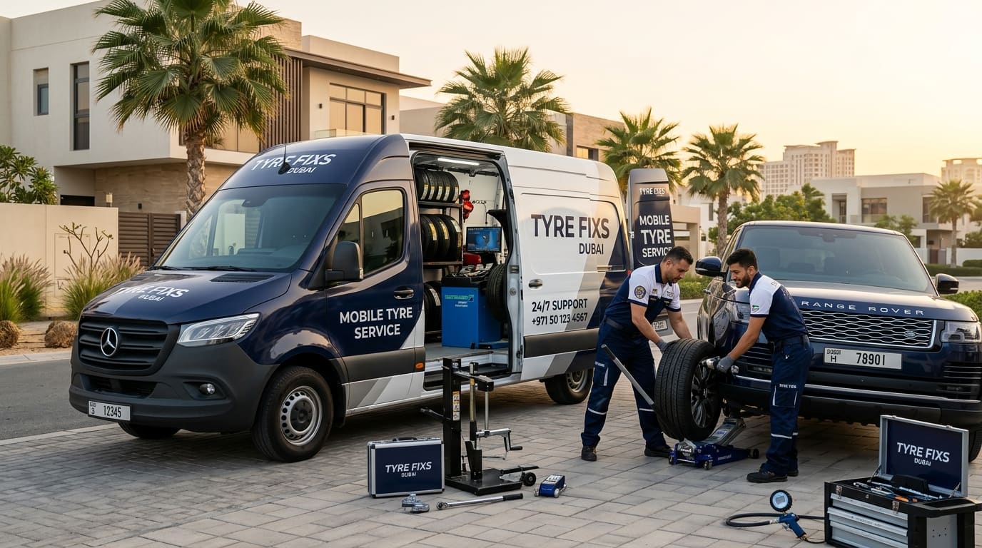 Tyre Fixs Dubai Mobile Tyre Fitting Van with Uniformed Technicians working on-site